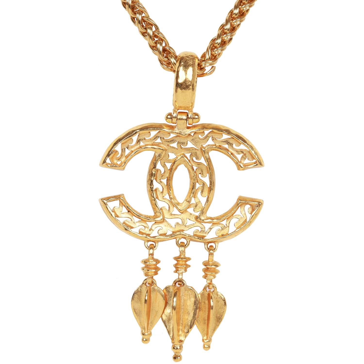 Chanel Vintage 24K Gold Plated Filigree Cut-Out CC Pendant Necklace