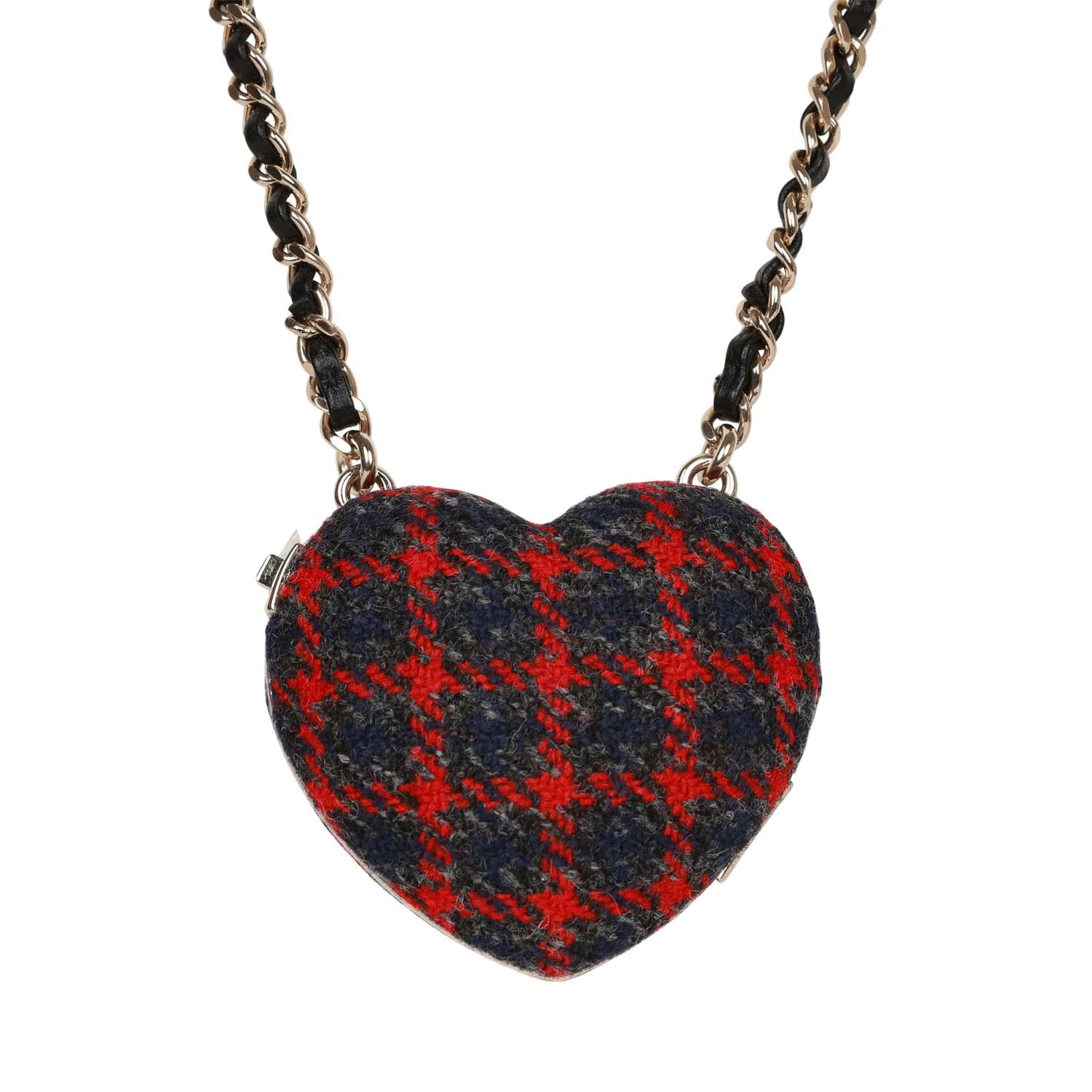 Chanel Red and Blue Plaid Heart Necklace Locket Light Gold Hardware