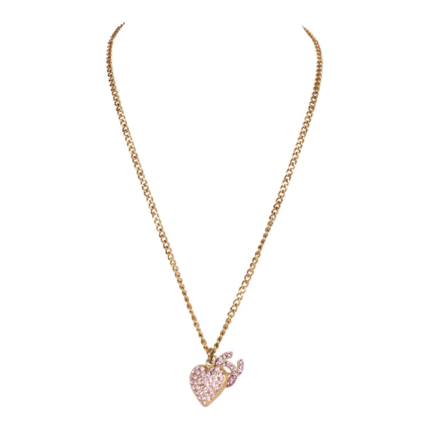 Chanel Vintage Gold Plated Pink Rhinestone CC Heart Pendant Necklace