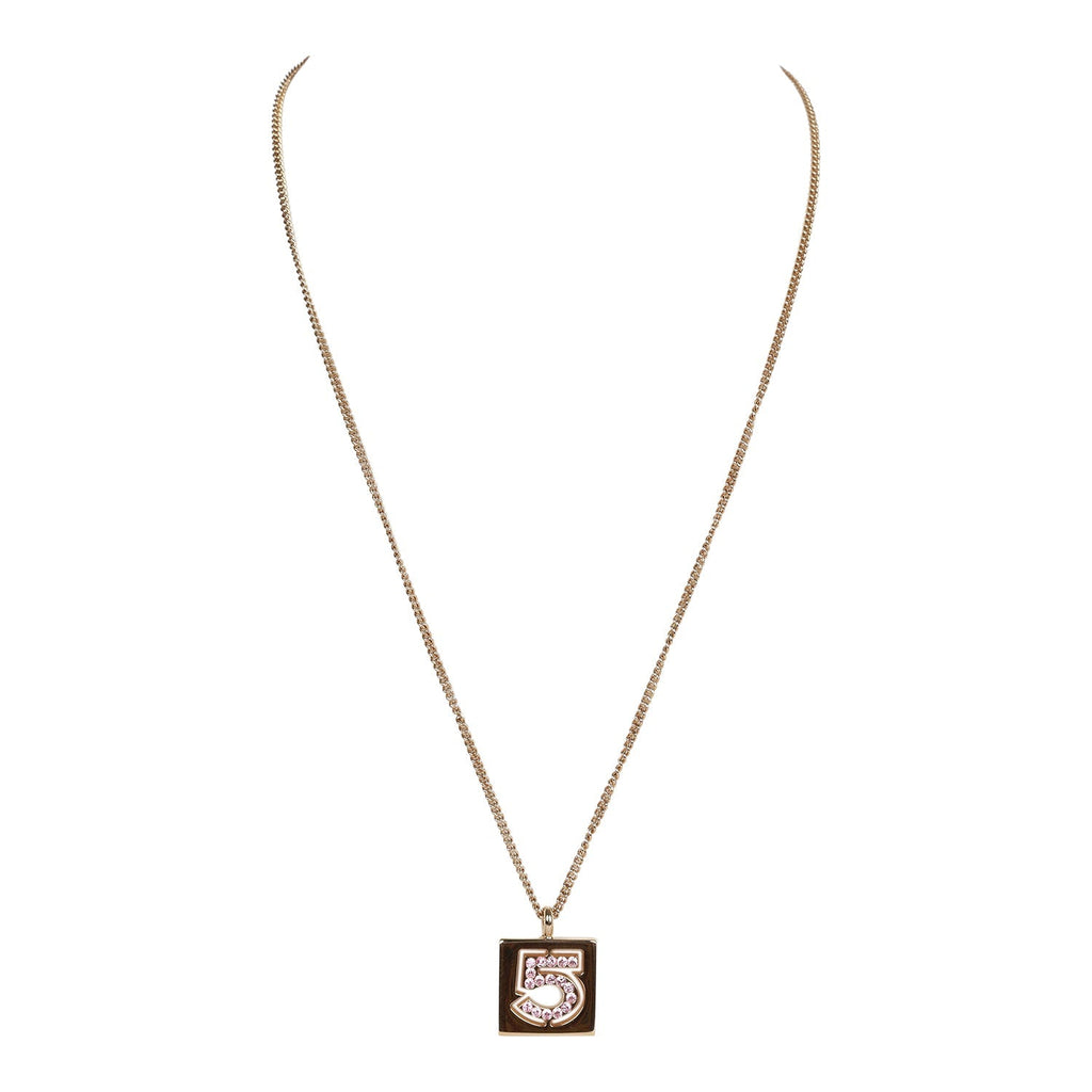 Chanel Vintage 24K Gold Plated Pink No.5 Rhinestone Pendant Necklace