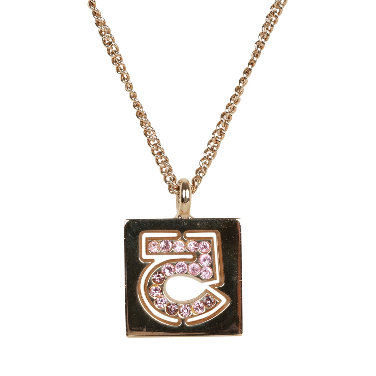 Chanel Vintage 24K Gold Plated Pink No.5 Rhinestone Pendant Necklace