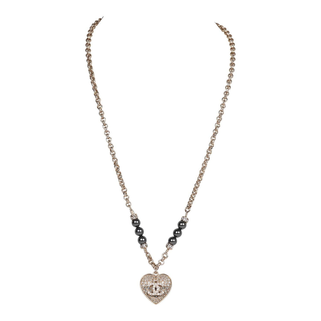 Chanel Black and Silver CC Crystal Heart Pendant Necklace