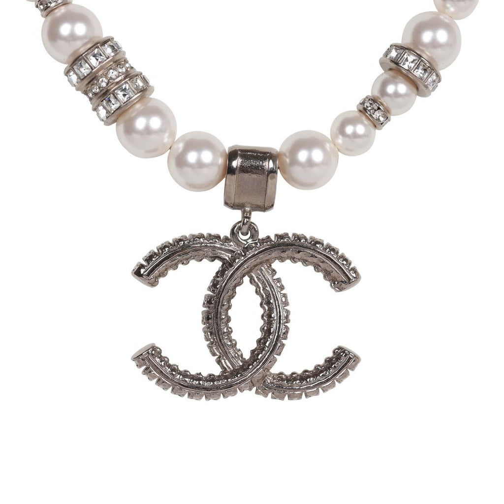 Chanel Faux Pearl and Crystal Silver CC Pendant Necklace