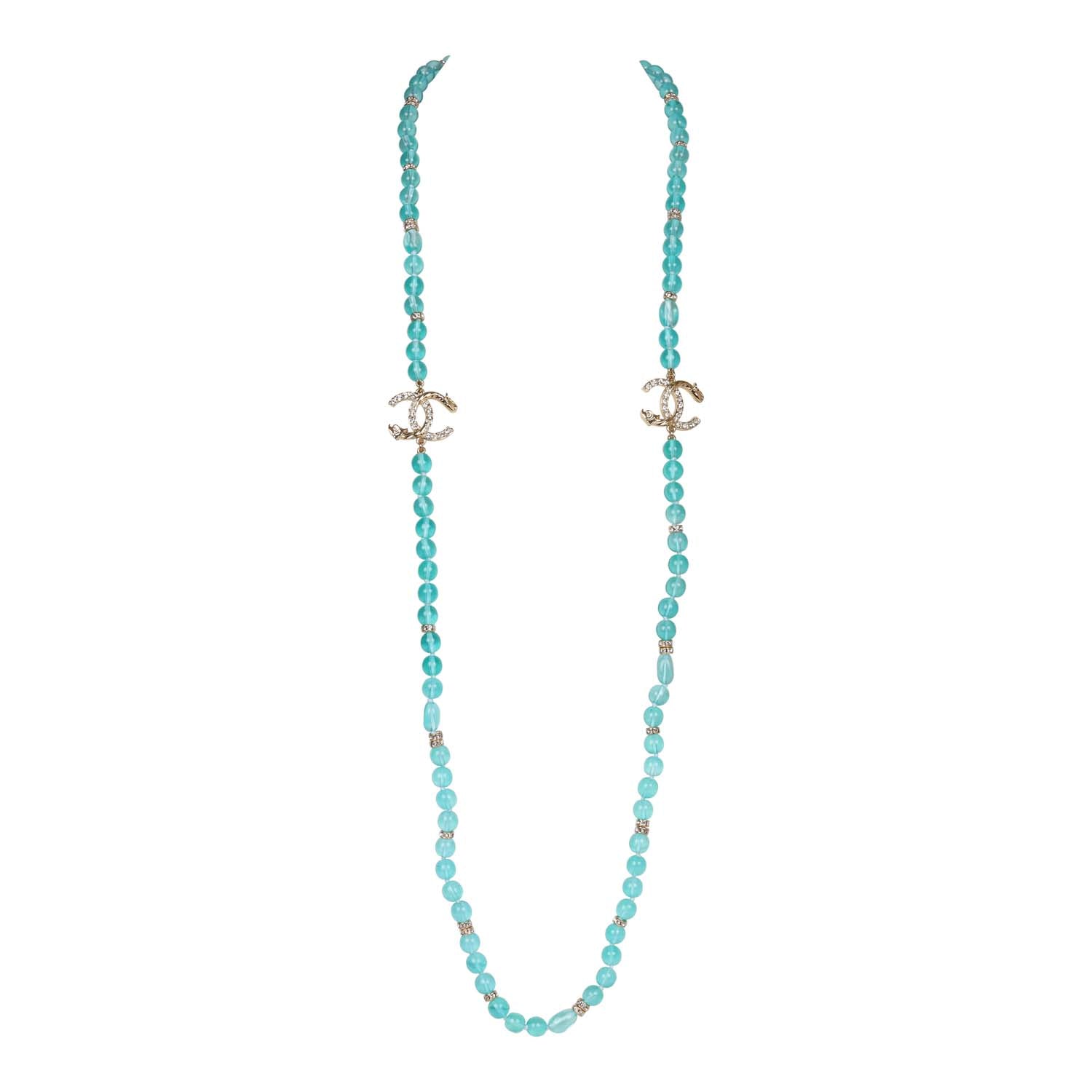 Chanel Teal Gripoix Beaded Necklace Gold Metal and White Strass CC Logos