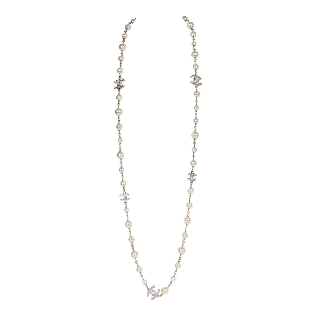 Chanel Silver Metal, White Strass, and White Pearl Logo Sautoir Necklace