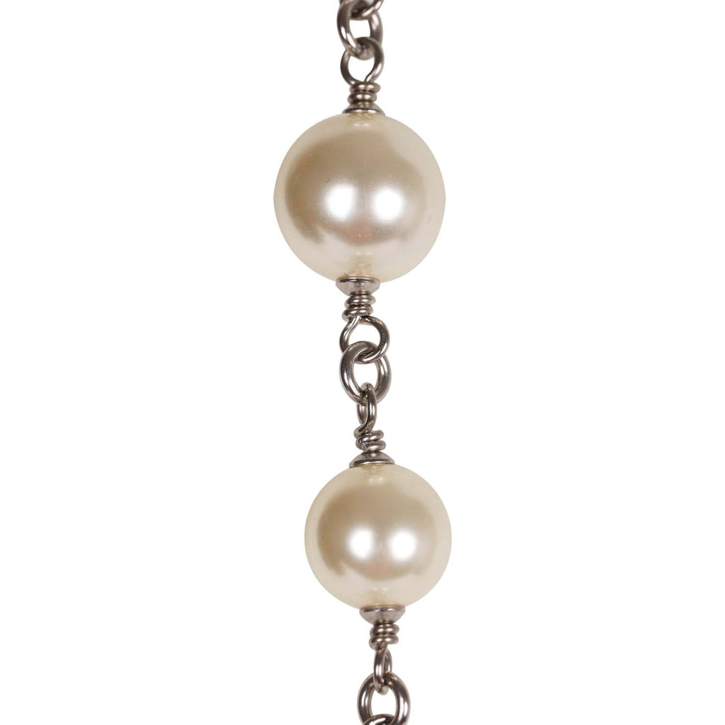 Chanel Silver Metal, White Strass, and White Pearl Logo Sautoir Necklace