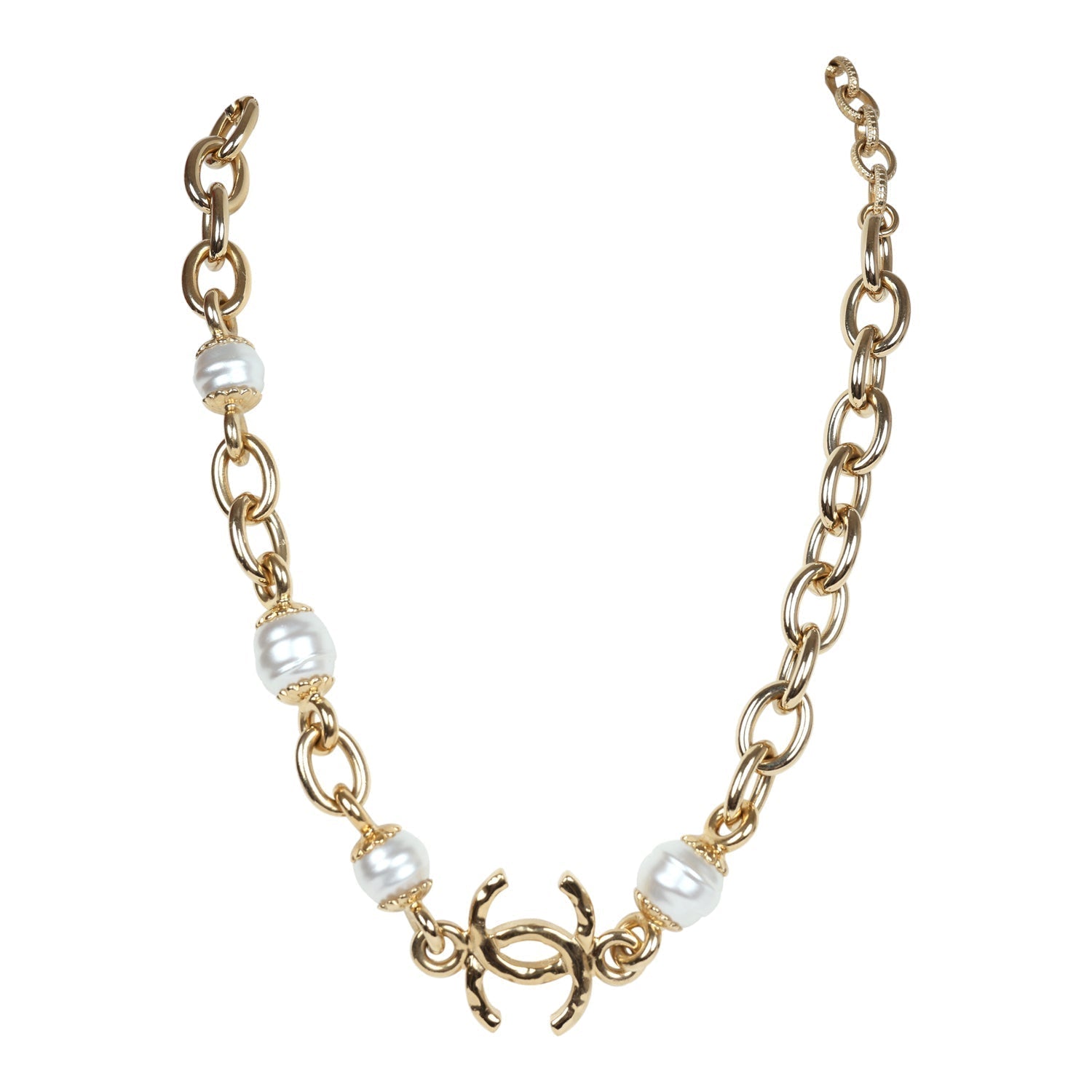 Chanel CC Gold Tone Metal Pearl Necklace Gold Hardware