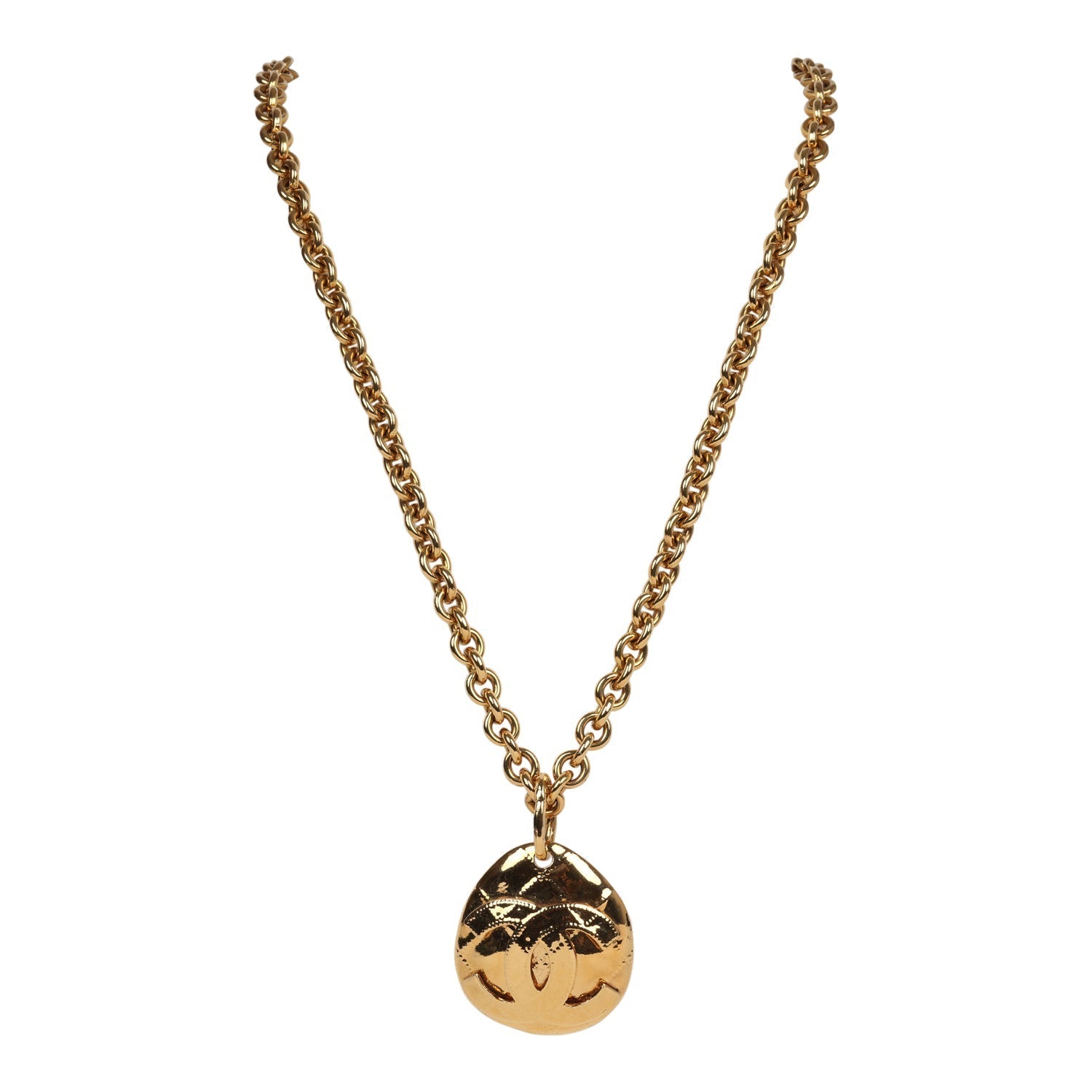 Chanel Vintage 24K Gold Plated CC Quilted Oval Pendant Necklace