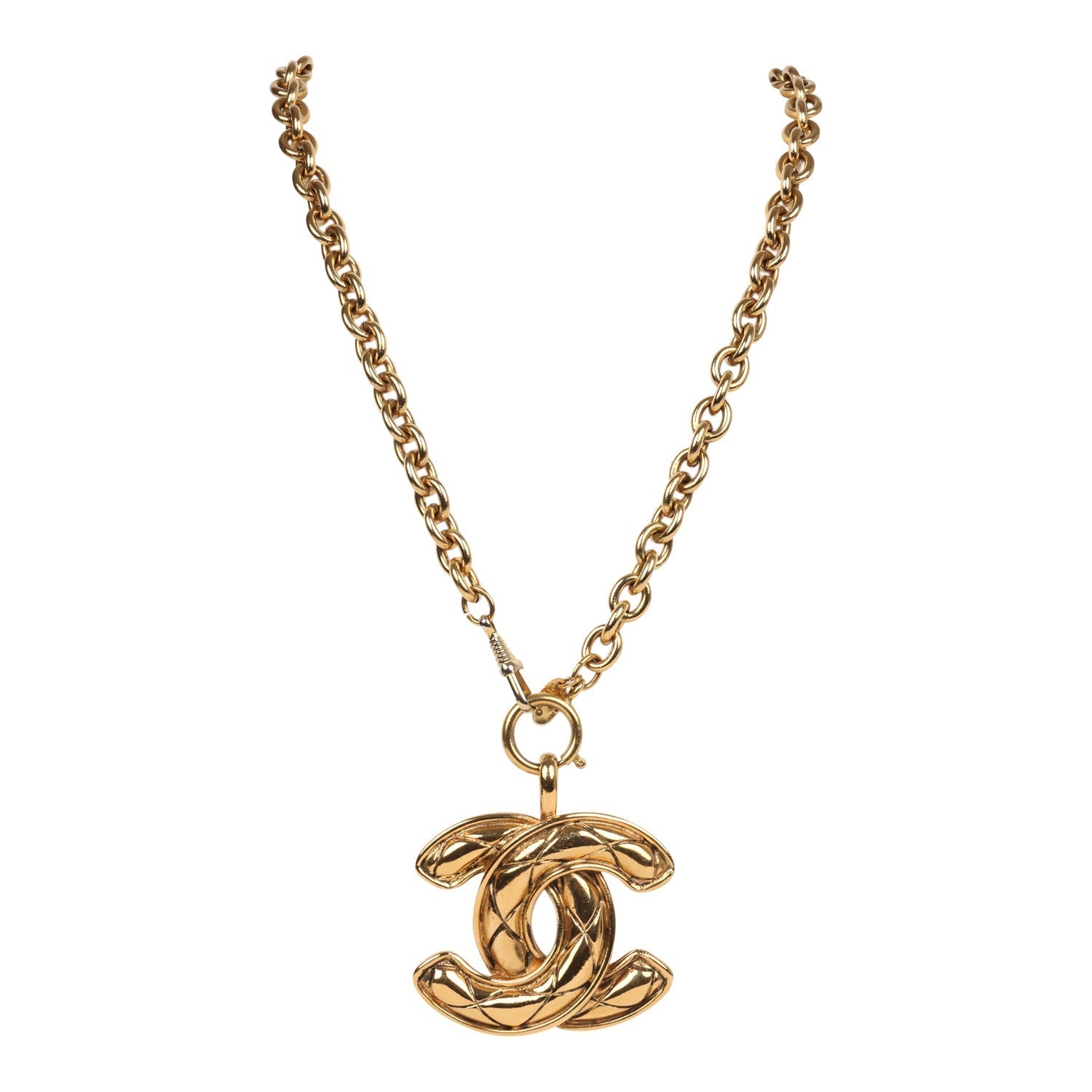Chanel Vintage 24K Gold Plated Large CC Quilted Pendant Necklace
