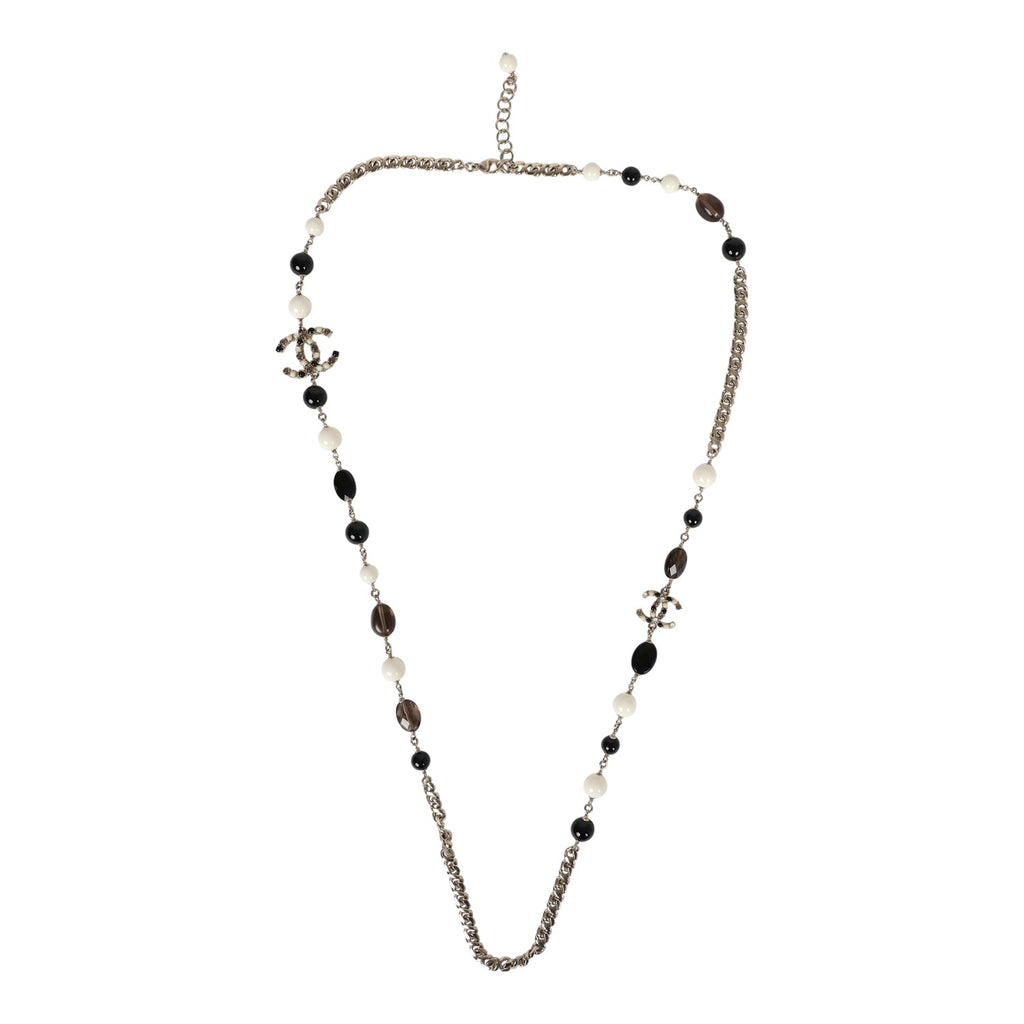 Chanel CC Long Beaded Necklace White/Black/Grey Light Gold Hardware