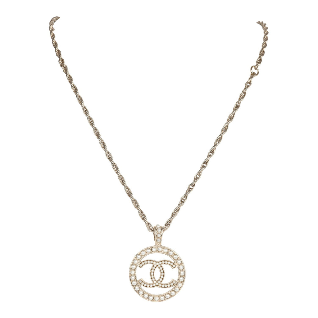 Chanel Round CC Pearl Pendant Necklace Light Gold Hardware