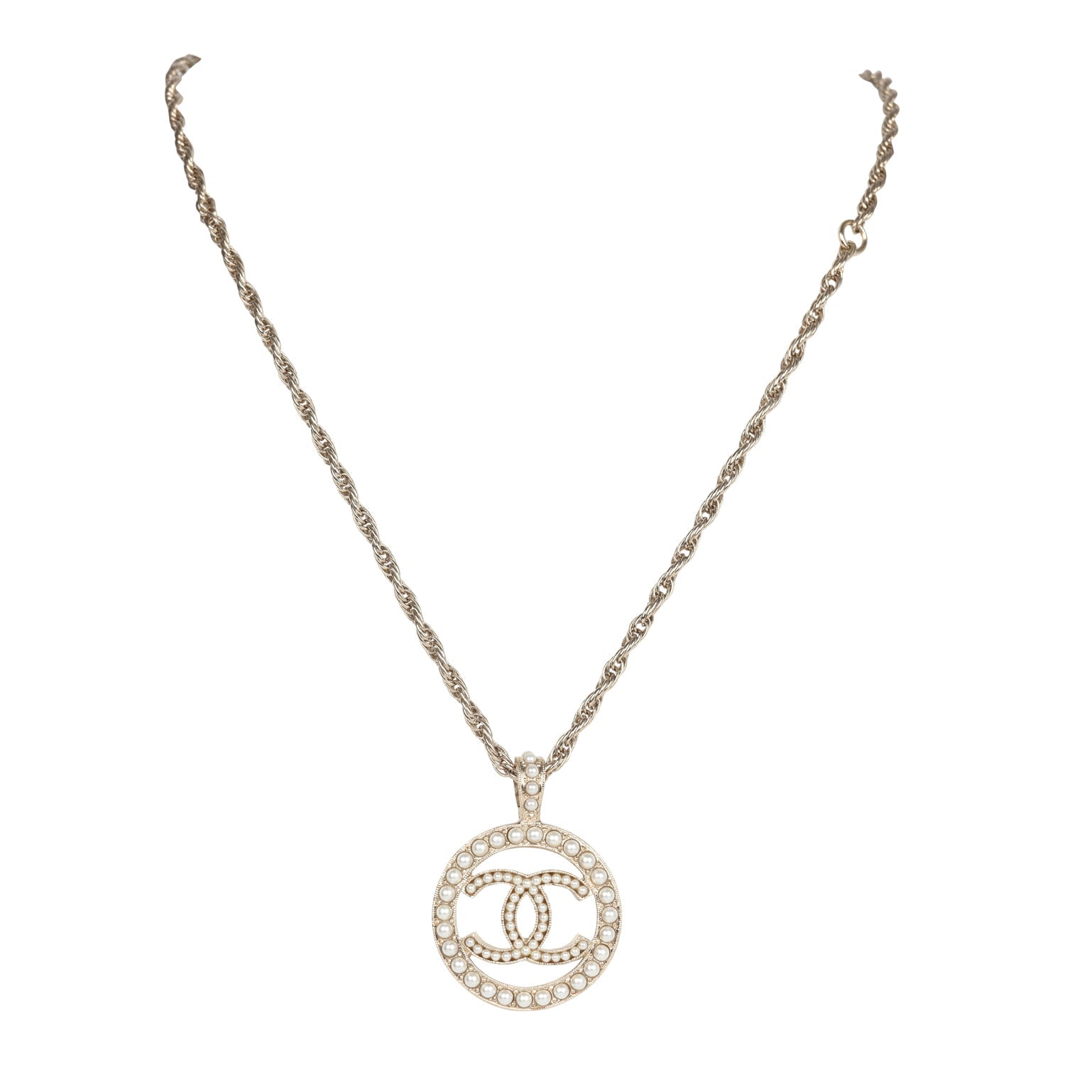 Chanel Round CC Pearl Pendant Necklace Light Gold Hardware