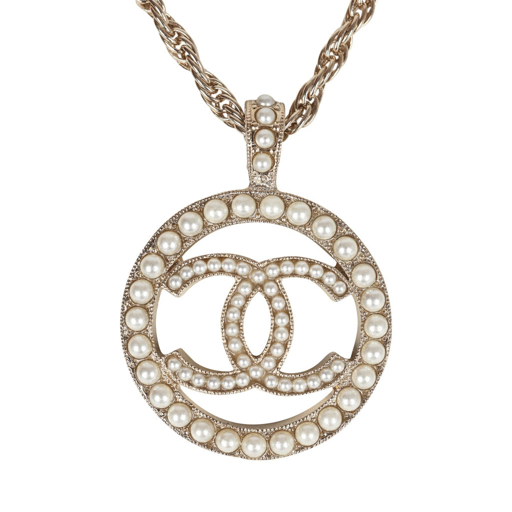 Chanel Round CC Pearl Pendant Necklace Faux Pearls & Light Gold Tone Hardware