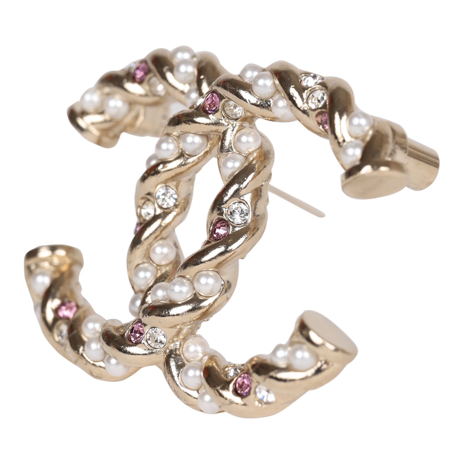 Chanel Twisted CC Crystal and Faux Pearl Brooch Light Pink Gold Metal