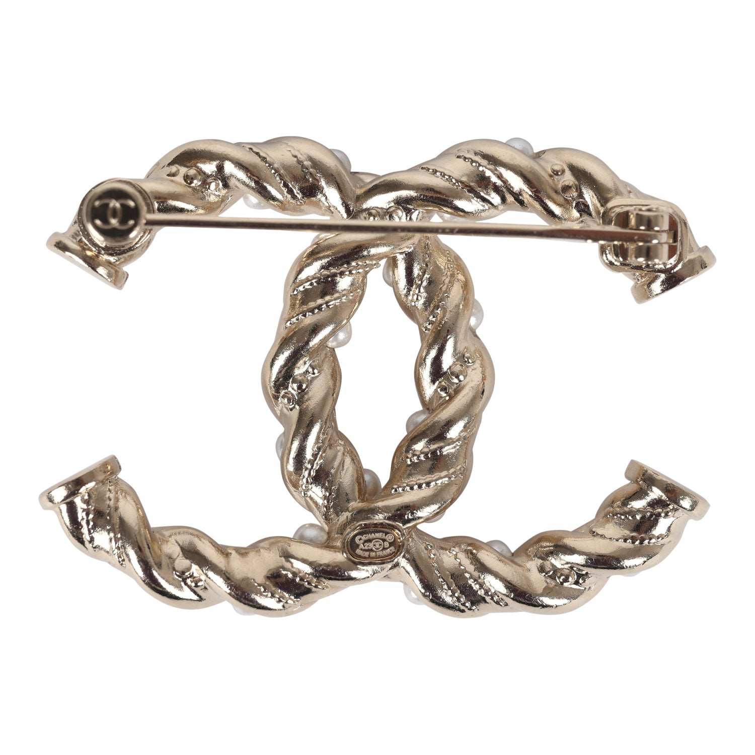 Chanel Twisted CC Crystal & Faux Pearl Brooch Light Pink Light Gold Tone Metal