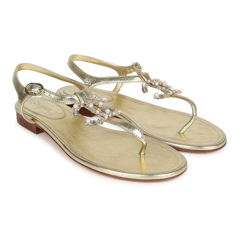 Chanel CC Jeweled Thong Sandals Gold Metallic 38C EU