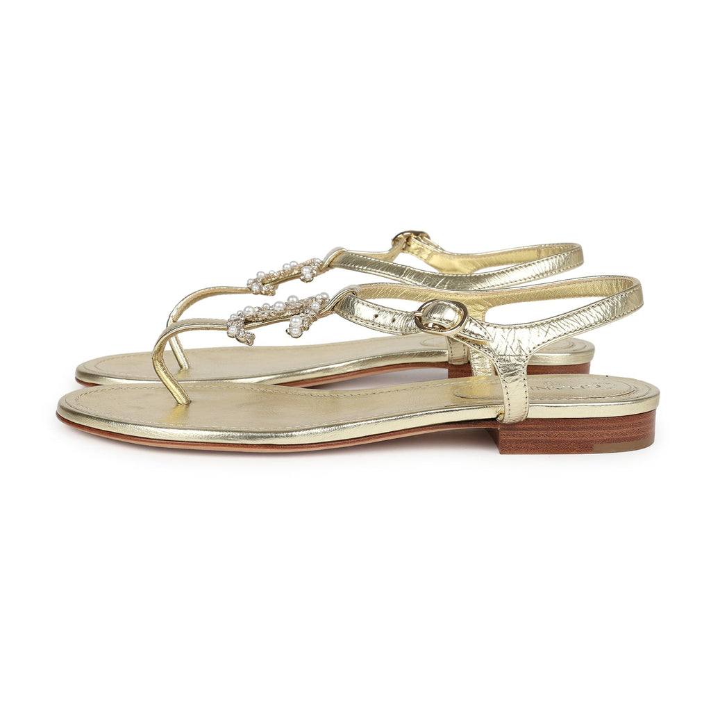 Chanel CC Jeweled Thong Sandals Gold Metallic 38C EU