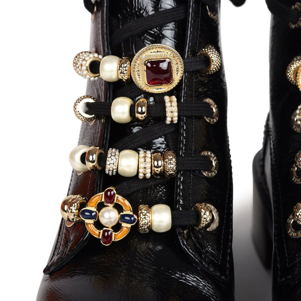 Chanel CC Combat Boots Black Shiny Aged Calfskin Gold Hardware 36.5 EU