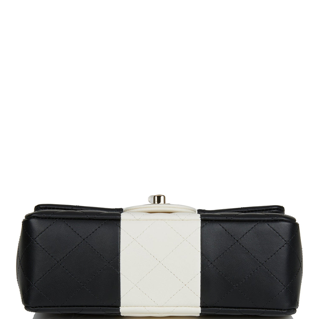 Chanel Mini Rectangular Flap Bag Black and White Lambskin Light Gold Hardware