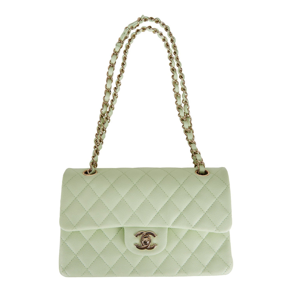 Chanel Small Classic Double Flap Light Green Caviar Light Gold Hardware