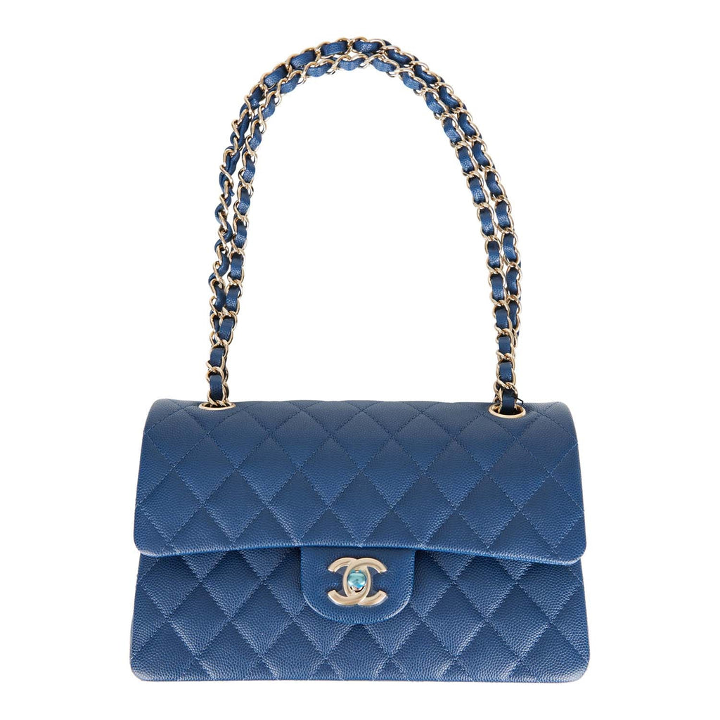 Chanel Small Classic Double Flap Dark Blue Caviar Light Gold Hardware