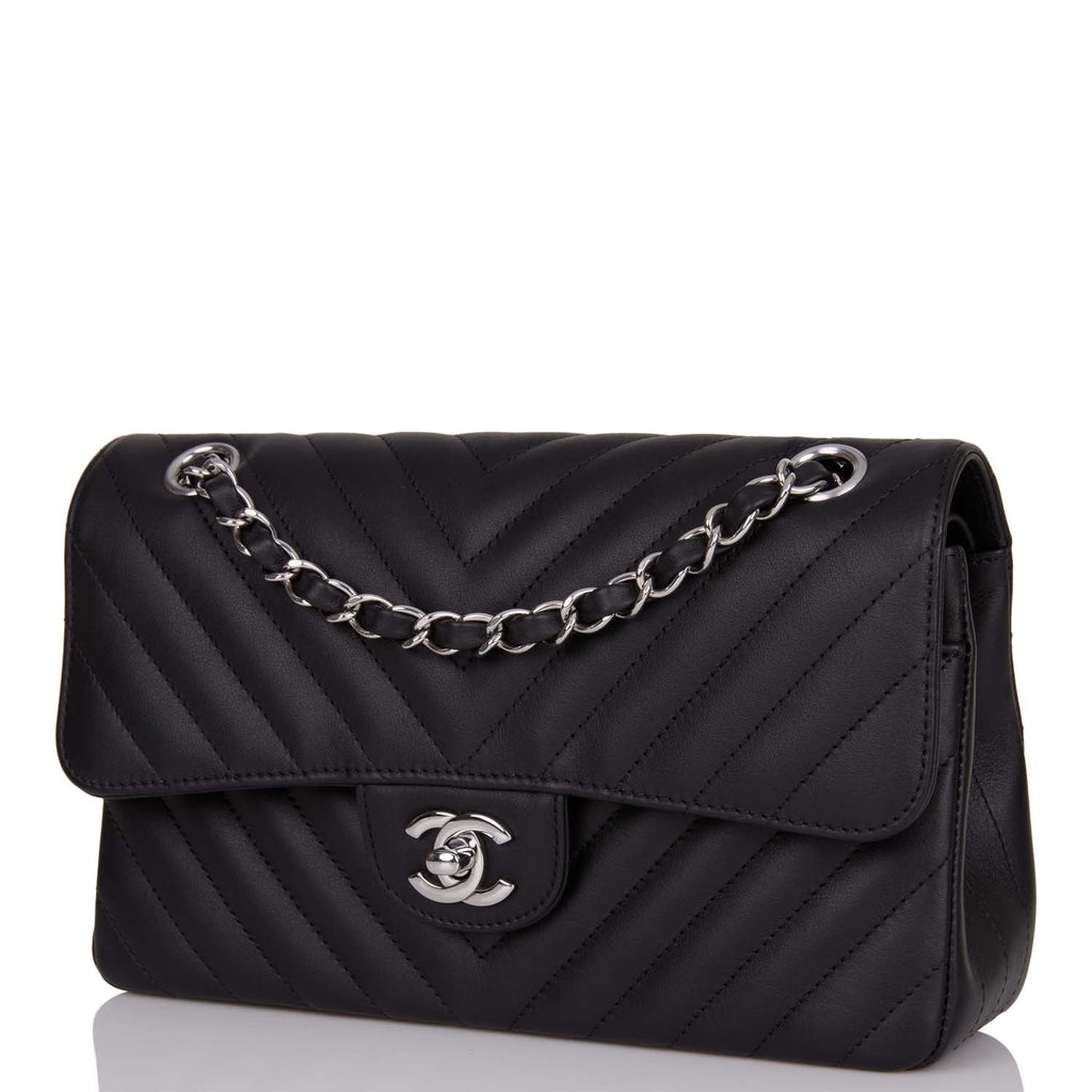 Chanel Small Chevron Classic Double Flap Black Calfskin Silver Hardware