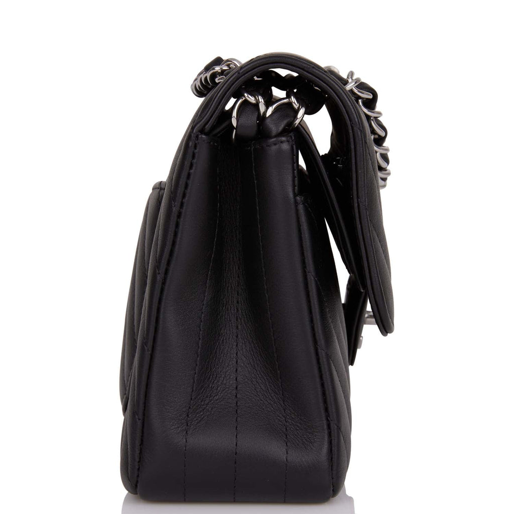 Chanel Small Chevron Classic Double Flap Black Calfskin Silver Hardware