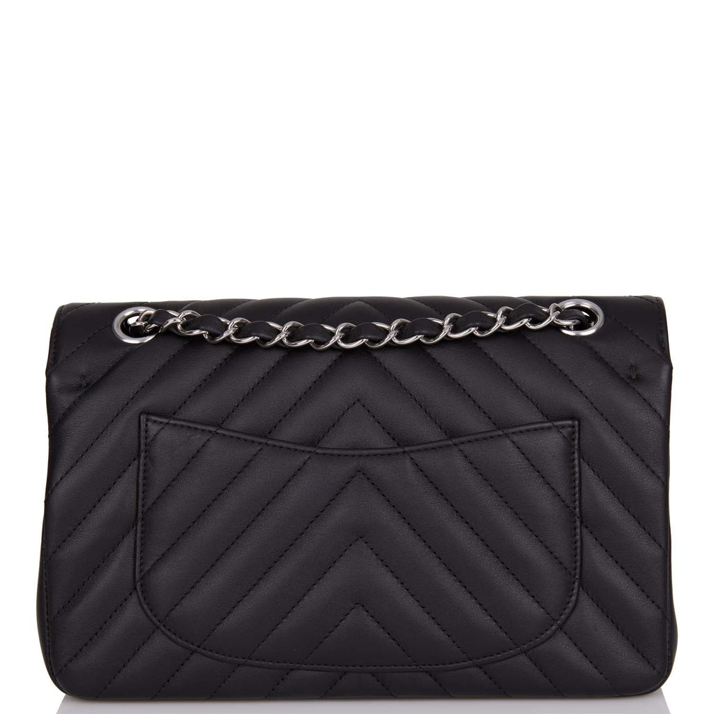 Chanel Small Chevron Classic Double Flap Black Calfskin Silver Hardware