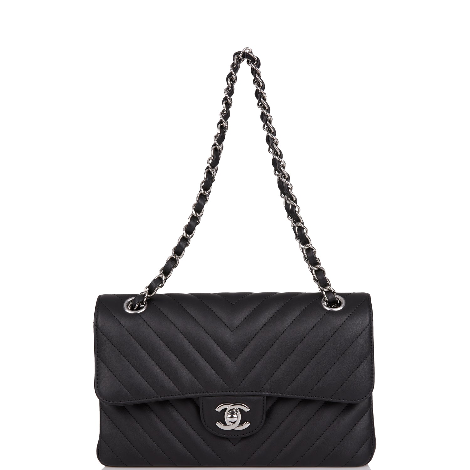 Chanel Small Chevron Classic Double Flap Black Calfskin Silver Hardware