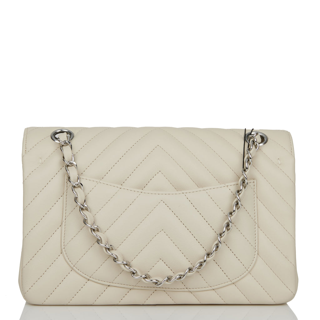 Chanel Small Chevron Classic Double Flap Ecru Calfskin Silver Hardware