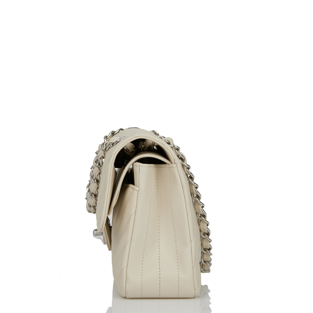 Chanel Small Chevron Classic Double Flap Ecru Calfskin Silver Hardware