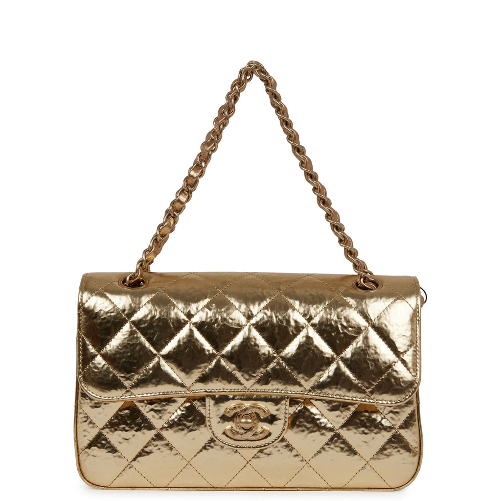 Chanel Small Classic Double Flap Hammered Gold Metallic Calfskin Gold Hardware