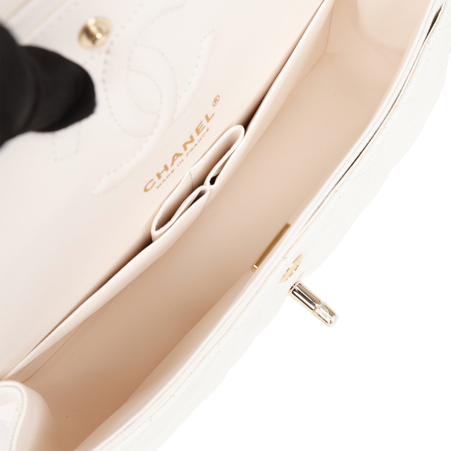Chanel Small Classic Double Flap White Caviar Light Gold Hardware