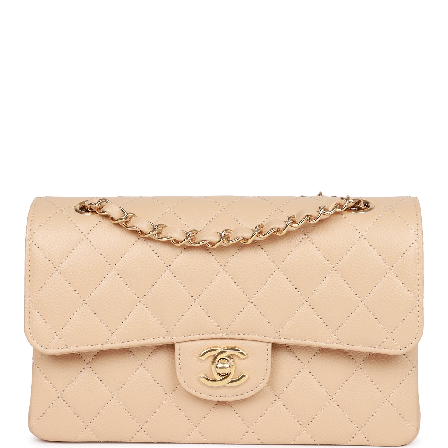 Chanel Small Classic Double Flap Beige Caviar Light Gold Hardware