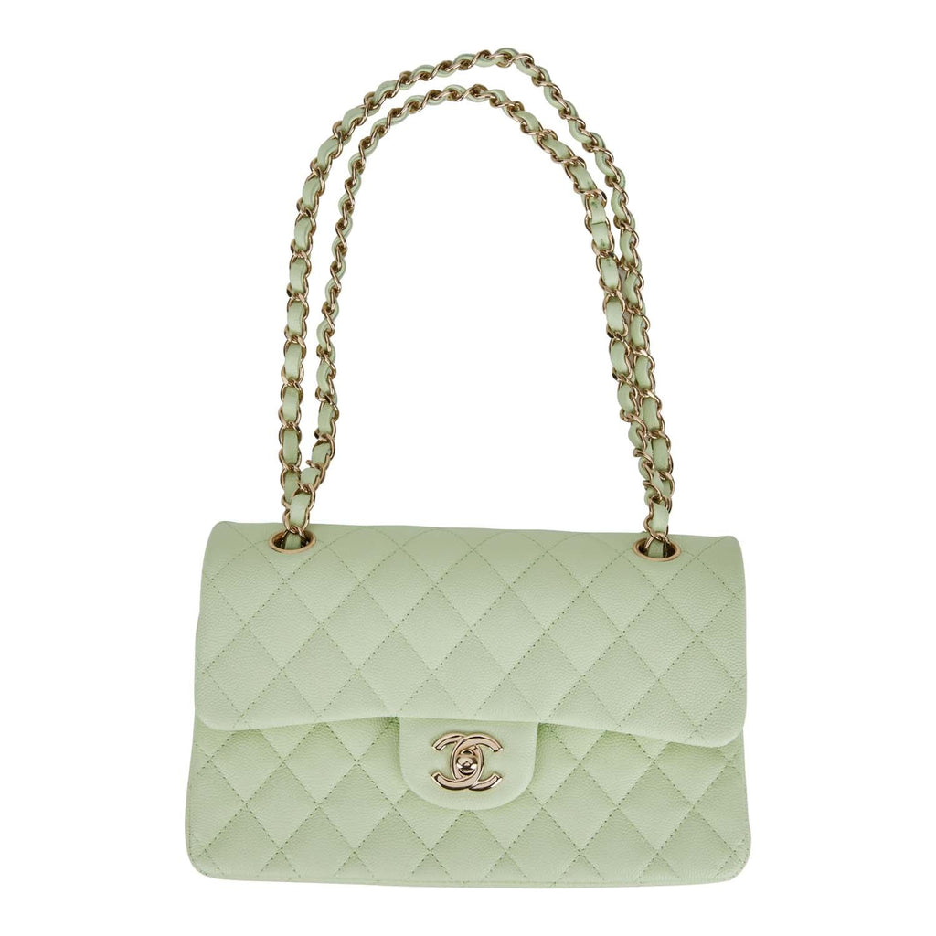 Chanel Small Classic Double Flap Light Green Caviar Light Gold Hardware