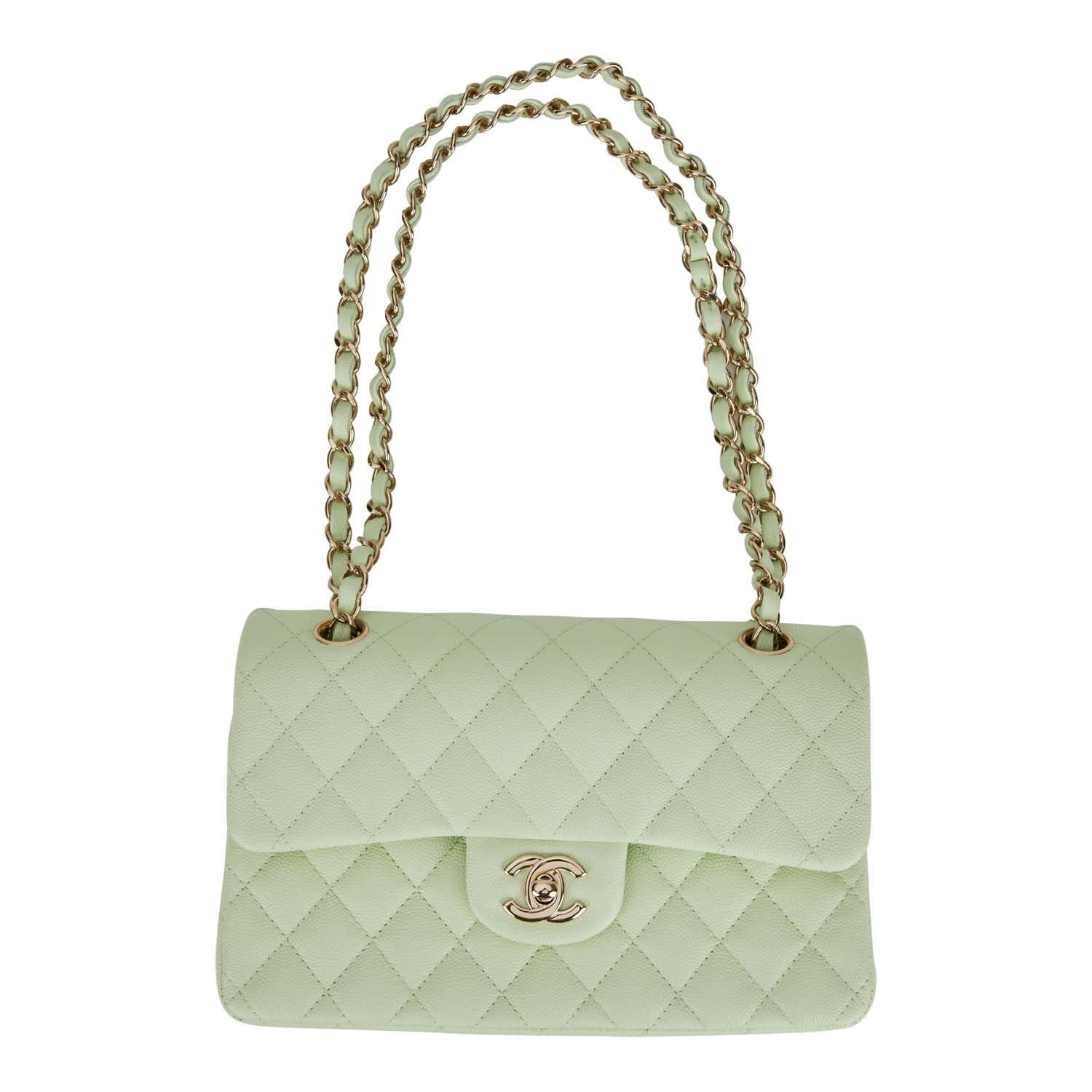 Chanel Small Classic Double Flap Light Green Caviar Light Gold Hardware