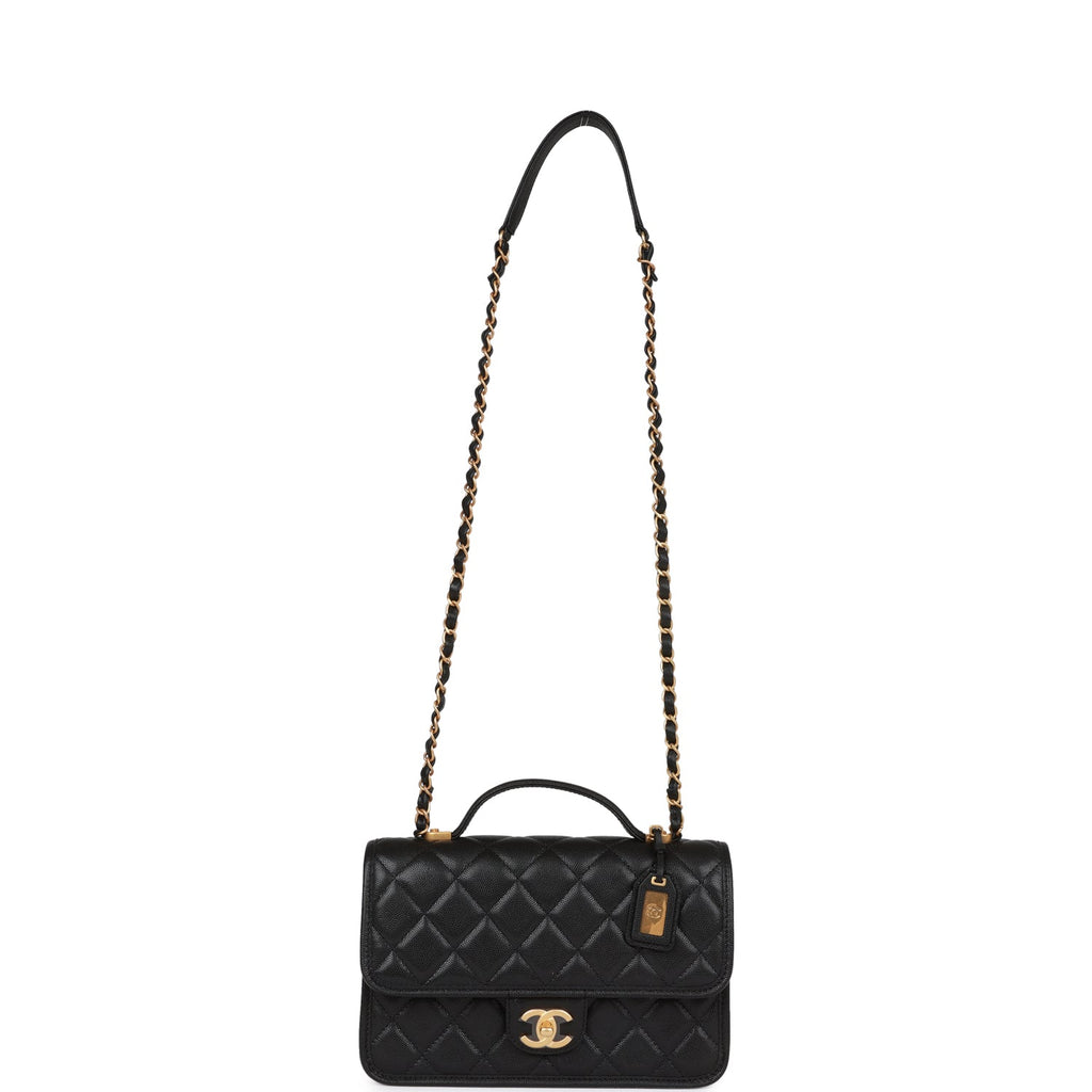 Chanel School Memory Top Handle Flap Bag Black Caviar Antique Gold Hardware