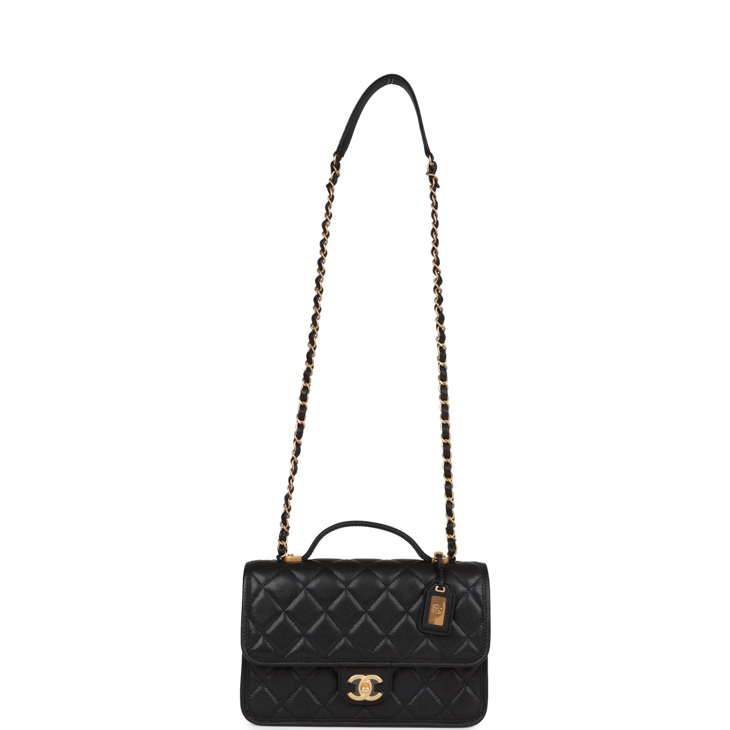 Chanel School Memory Top Handle Flap Bag Black Caviar Antique Gold Hardware