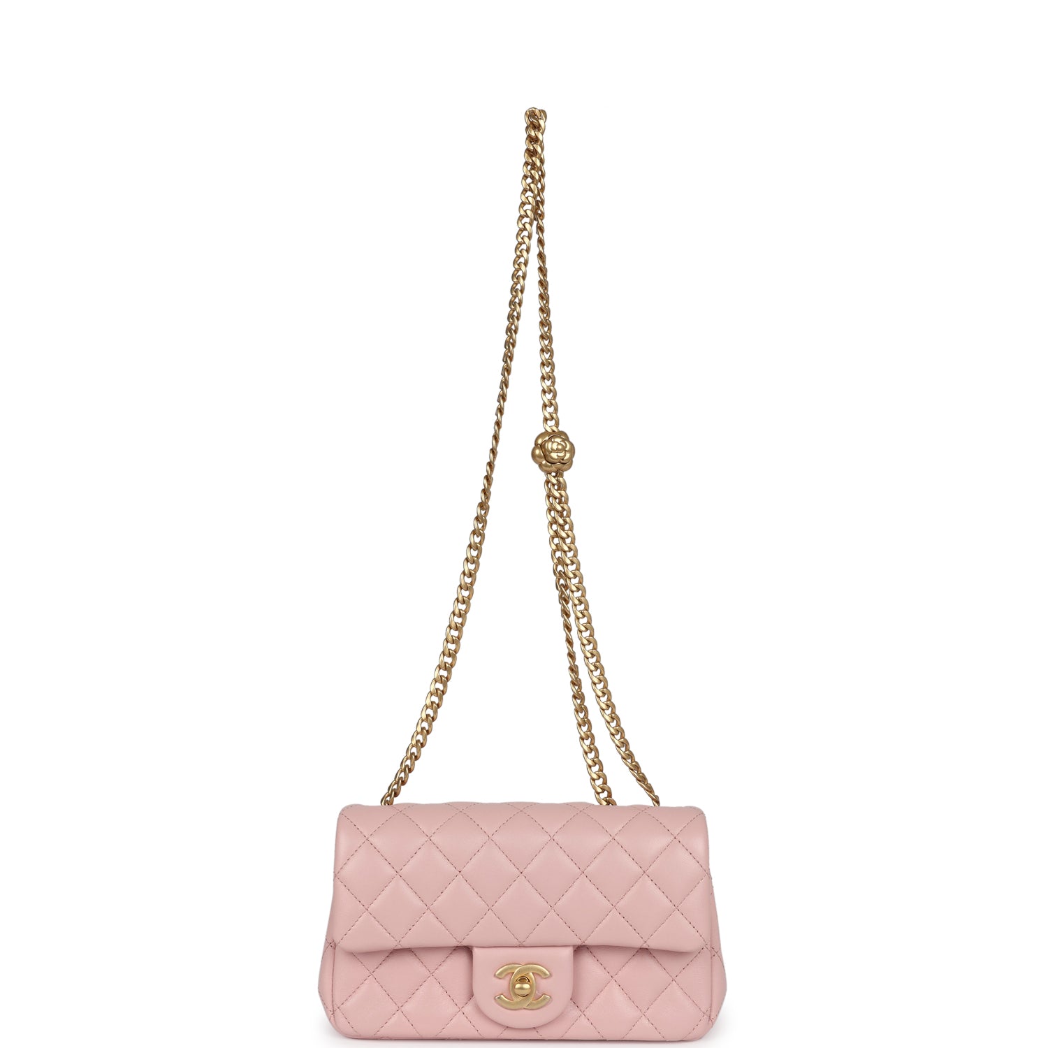 Chanel Mini Camellia Crush Rectangular Flap Rose Clair Lambskin Antique Gold Hardware