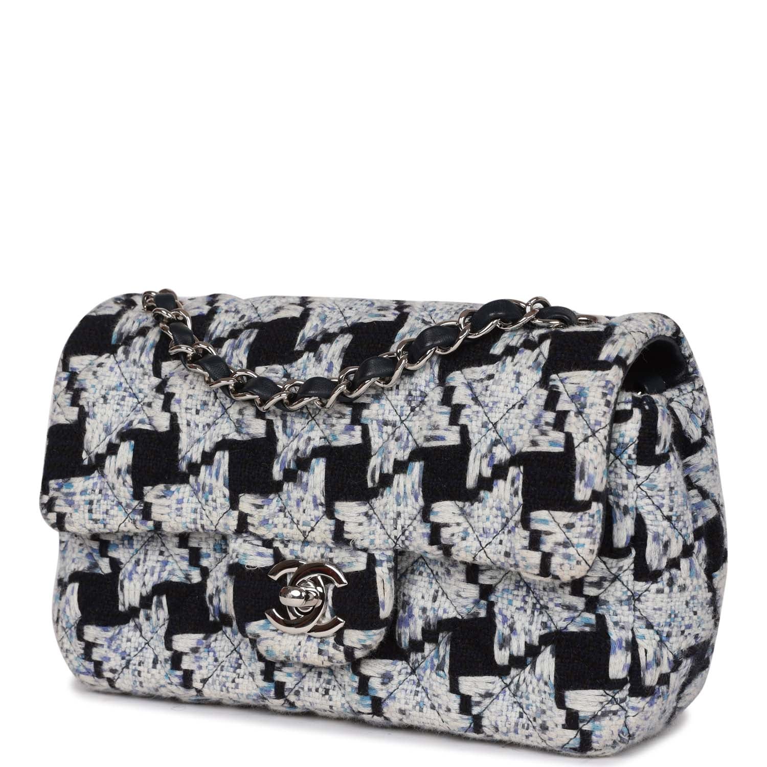 Chanel Mini Rectangular Flap Bag Blue Tweed Silver Hardware