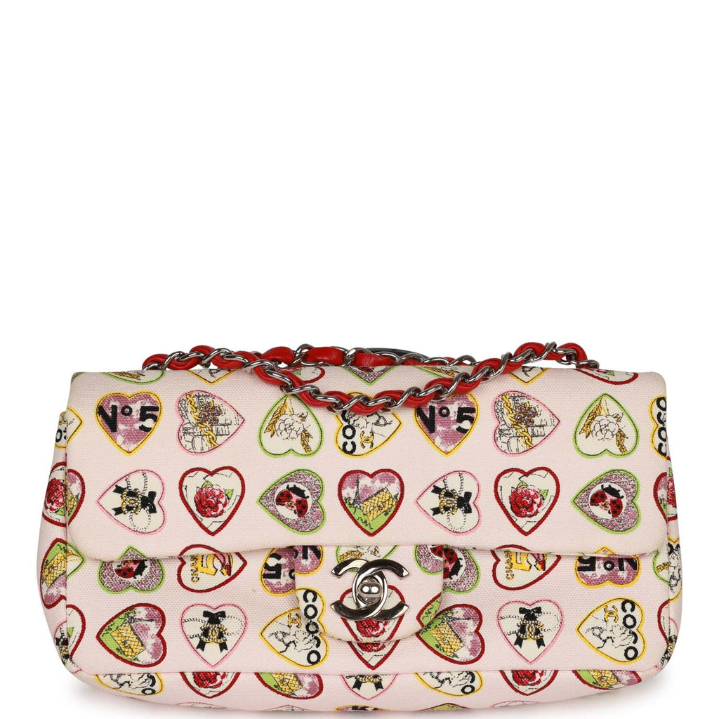 Chanel Small Classic Coco Heart Motif Flap Bag Multicolor Canvas Silver Hardware