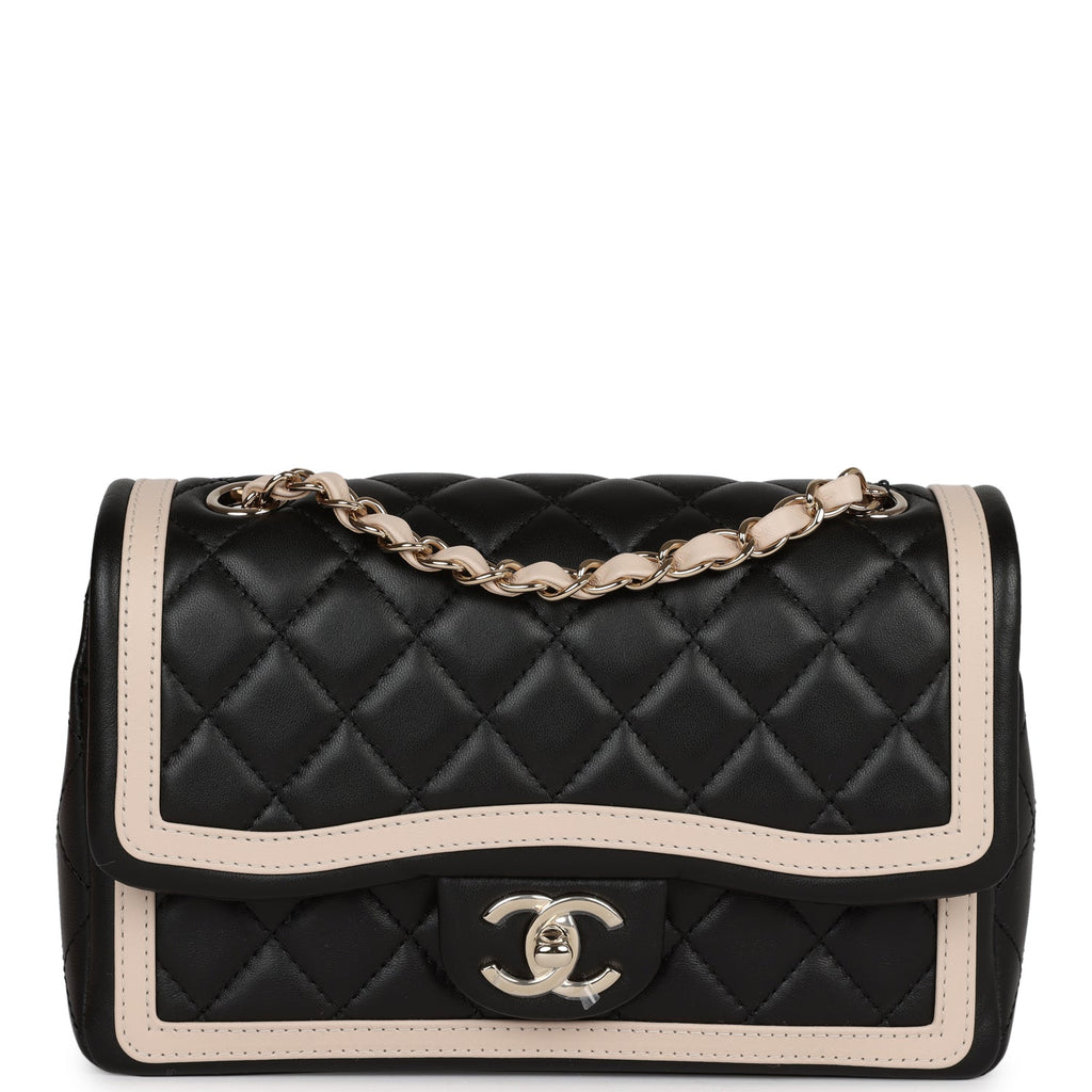 Chanel Small Classic Flap Black and Beige Lambskin Light Gold Hardware