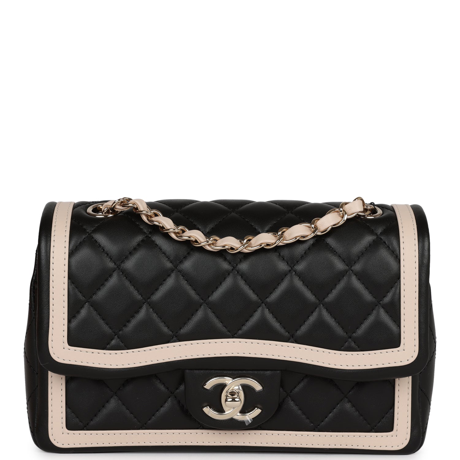 Chanel Small Classic Flap Black and Beige Lambskin Light Gold Hardware