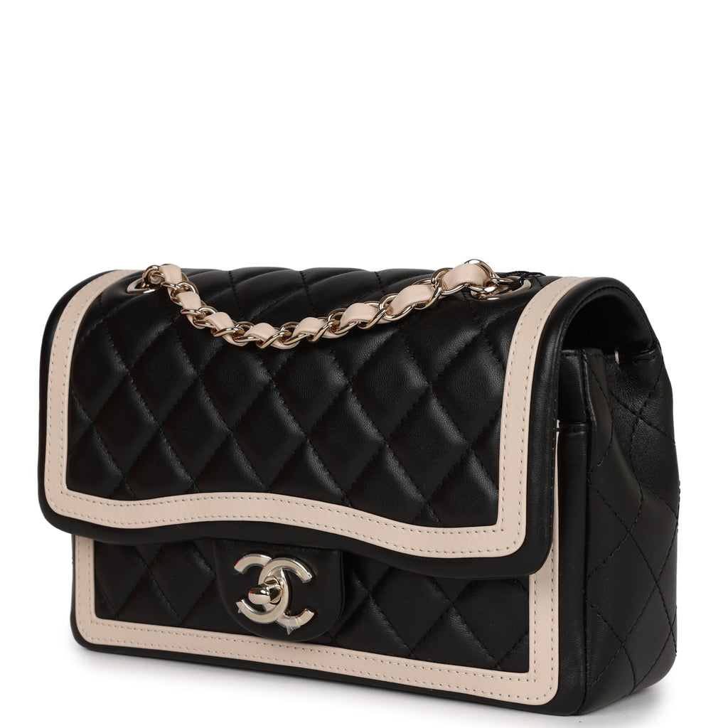 Chanel Small Classic Flap Black and Beige Lambskin Light Gold Hardware