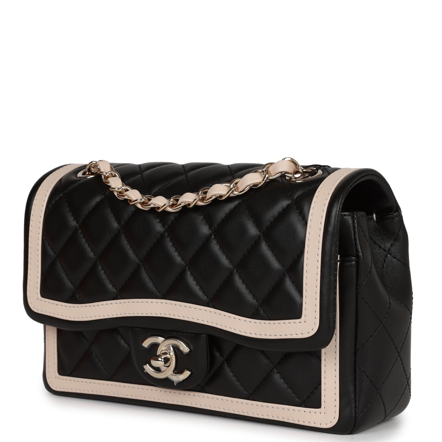Chanel Small Classic Flap Black and Beige Lambskin Light Gold Hardware