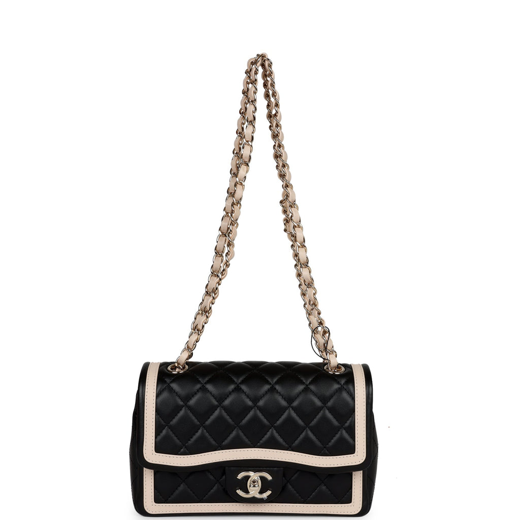Chanel Small Classic Flap Black and Beige Lambskin Light Gold Hardware
