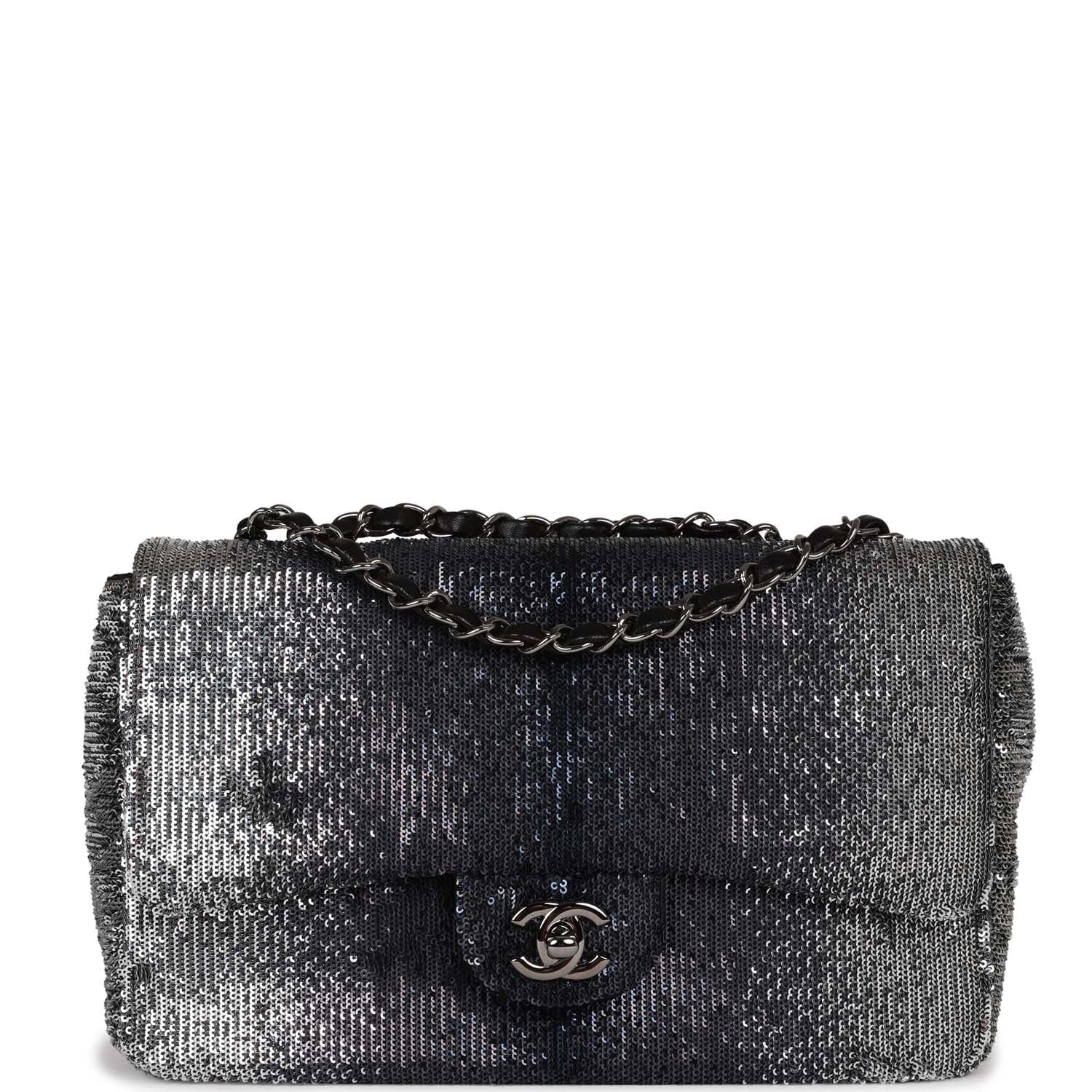 Chanel Small Classic Flap Bag Black and Silver Sequins Silver Hardware