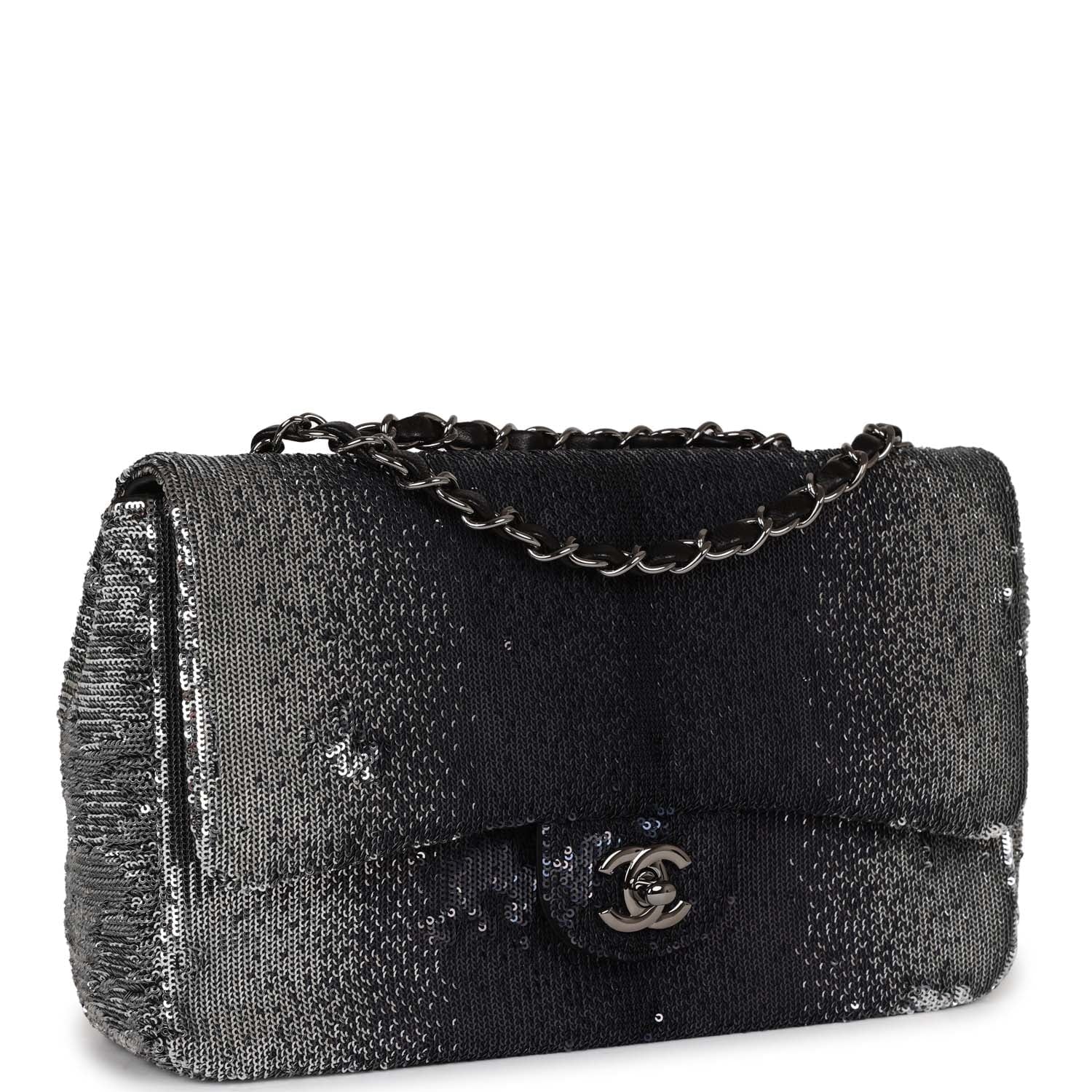 Chanel Small Classic Flap Bag Black and Silver Sequins Silver Hardware