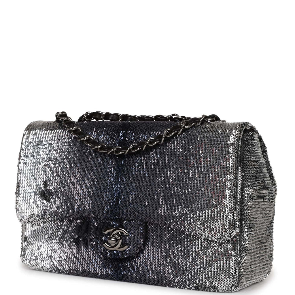 Chanel Small Classic Flap Bag Black and Silver Sequins Silver Hardware