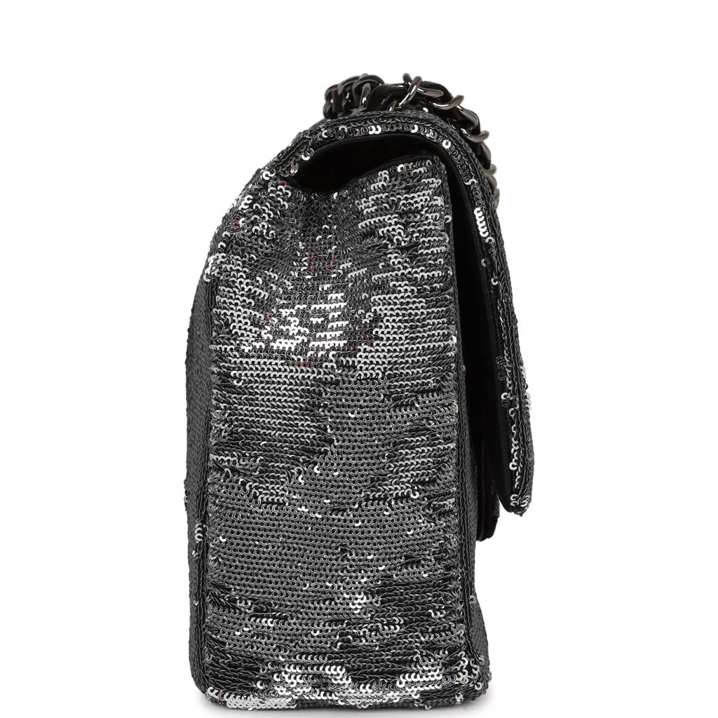 Chanel Small Classic Flap Bag Black and Silver Sequins Silver Hardware